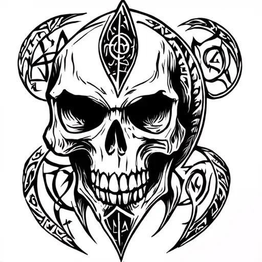 skull and symbol pagan runes sleave viking tattoo design idea