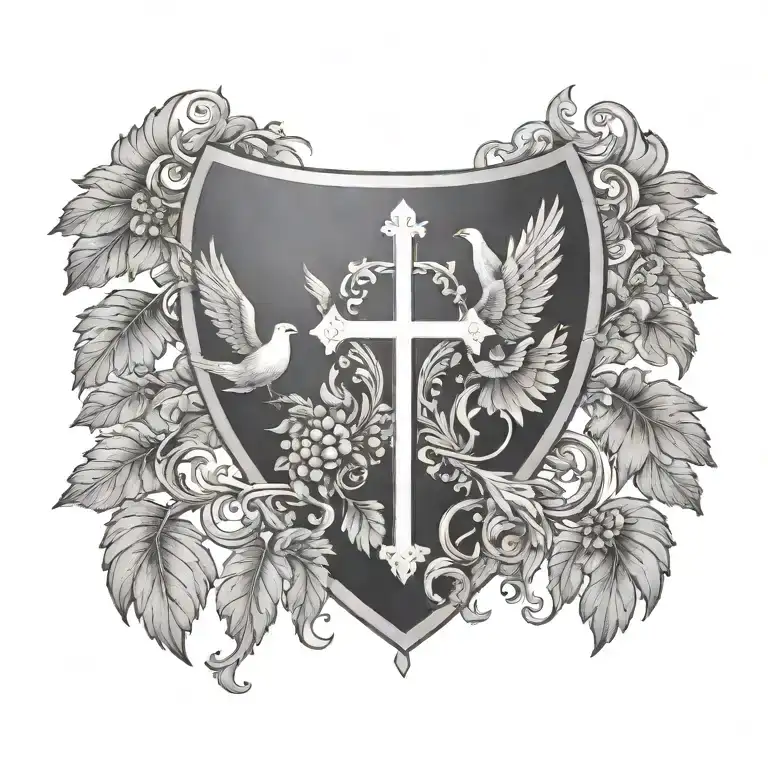 coat of arms dove wings closed, cross  tattoo design idea