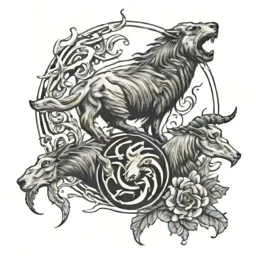 Lone wolf howling, incorporating a goat, 2 fishes portraying yin and yang and the number 96. tattoo design idea