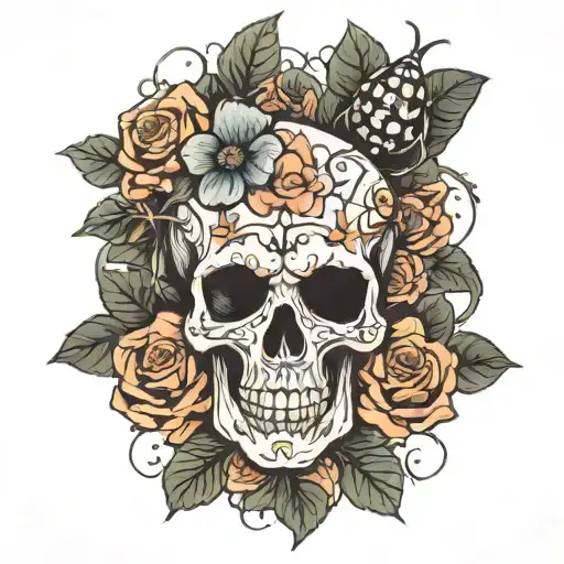 neo-traditional floral skull with spider  tattoo design idea