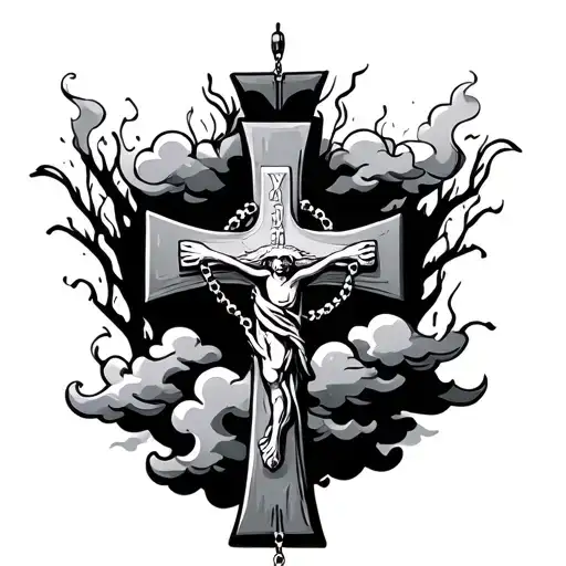 cross with clouds rosary wrapped tattoo design idea
