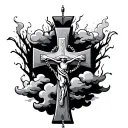 cross with clouds rosary wrapped tattoo design idea