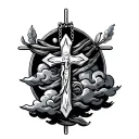 cross with clouds rosary wrapped tattoo design idea