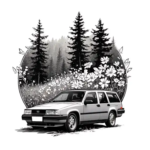Volvo 944, forest landscape, flower tattoo design idea
