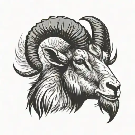 Front view of a black and grey GOAT head draw art, Aries sign.  Looking straight with ears pointing up and an angry face tattoo design idea