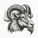 Front view of a black and grey GOAT head draw art, Aries sign.  Looking straight with ears pointing up and an angry face tattoo design idea