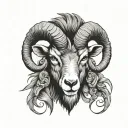 Front view of a black and grey GOAT head draw art, Aries sign.  Looking straight with ears pointing up and an angry face tattoo design idea