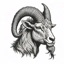Front view of a black and grey GOAT head draw art, Aries sign.  Looking straight with ears pointing up and an angry face tattoo design idea