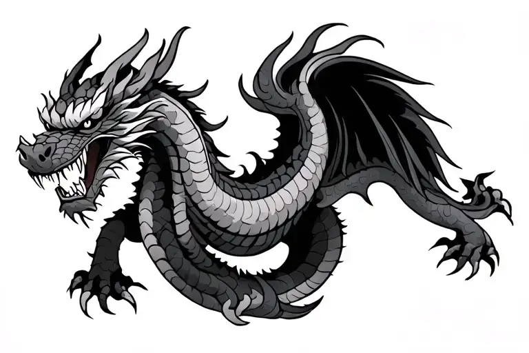 single head traditional Japanese dragon without wings black and grey full length design tattoo design idea