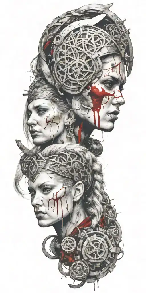 multiple viking women bloody tattoo design idea