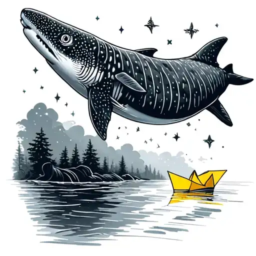 Whale shark flying upwards above a stream with a yellow paper boat drifting along the stream below a starry night sky tattoo design idea