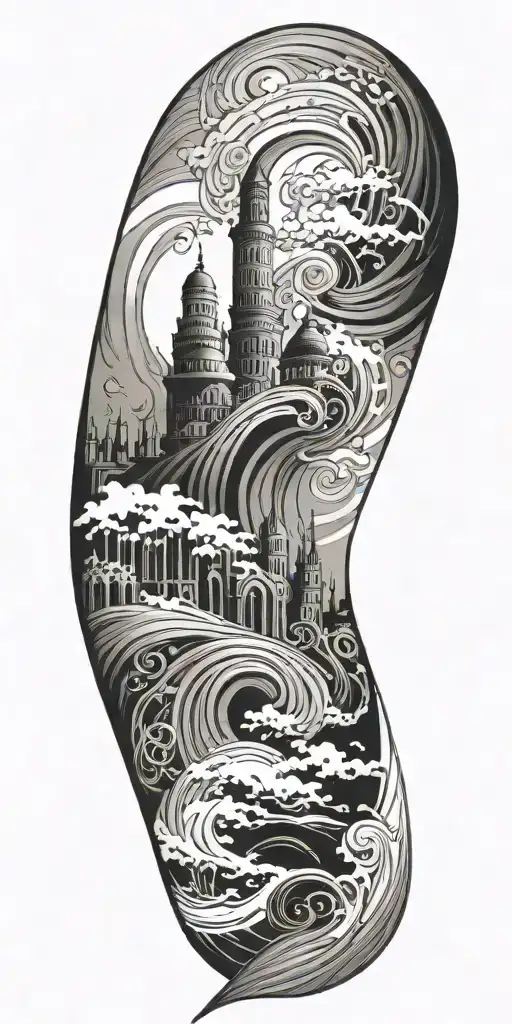 architecture patterns with water waves flowing tattoo design idea