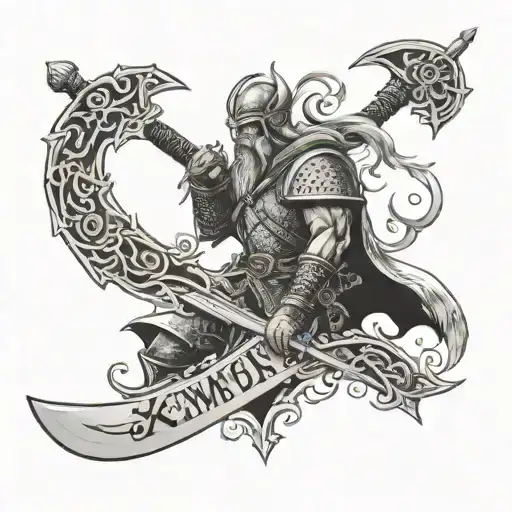 Viking husk pierced by a sword bearing the inscription "I remember" surrounded by the phrase "Kentoc'h mervel eget bezan tattoo design idea