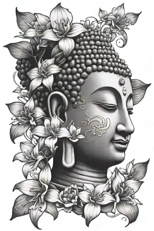 head of buddha, decorated wiith orchids, orchids on the head etc. tattoo design idea