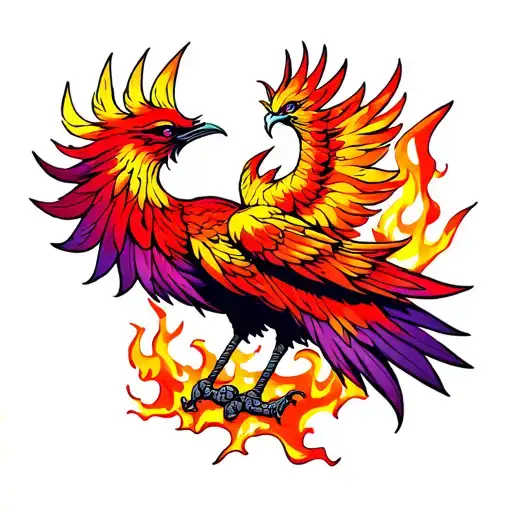 A colorful phoenix tattoo emerging from flames, detailed feathers in shades of red, orange, yellow, and purple, wings wi tattoo design idea