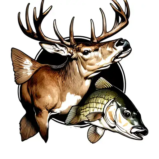 hunting and fishing sleeve tattoo featuring white tail deer and bass tattoo design idea