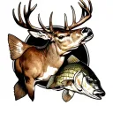 hunting and fishing sleeve tattoo featuring white tail deer and bass tattoo design idea