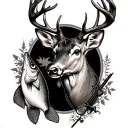 hunting and fishing sleeve tattoo featuring white tail deer and bass tattoo design idea