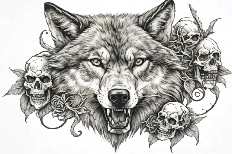 Wolf with skulls  tattoo design idea