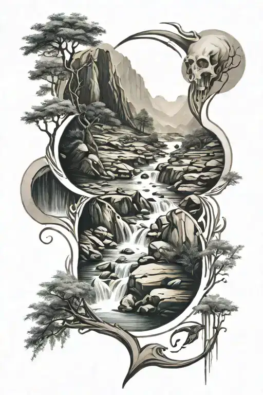 semicolons embedded in scene of flowing river on winding mountain path with rushing areas and obstacles tattoo design idea