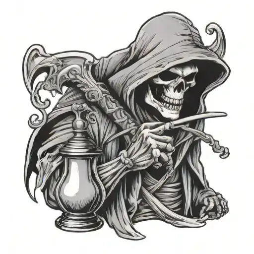 Grip reaper in 2D holding an hourglass with his scythe at his back and one finger on his mouth asking to be quiet  tattoo design idea