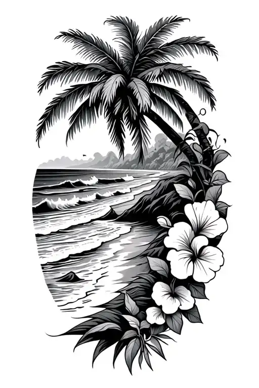 beach with palm tree and ocean waves crashing with hibiscus vine on the right side tattoo design idea