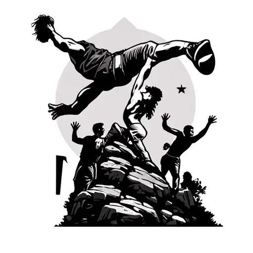 geometrical Tatoo of 20 year old with a mullet and pitvipers doing backflip off rock jumping with his friends and family tattoo design idea