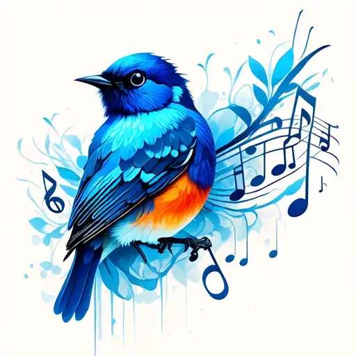 blue songbird music notes tattoo design idea