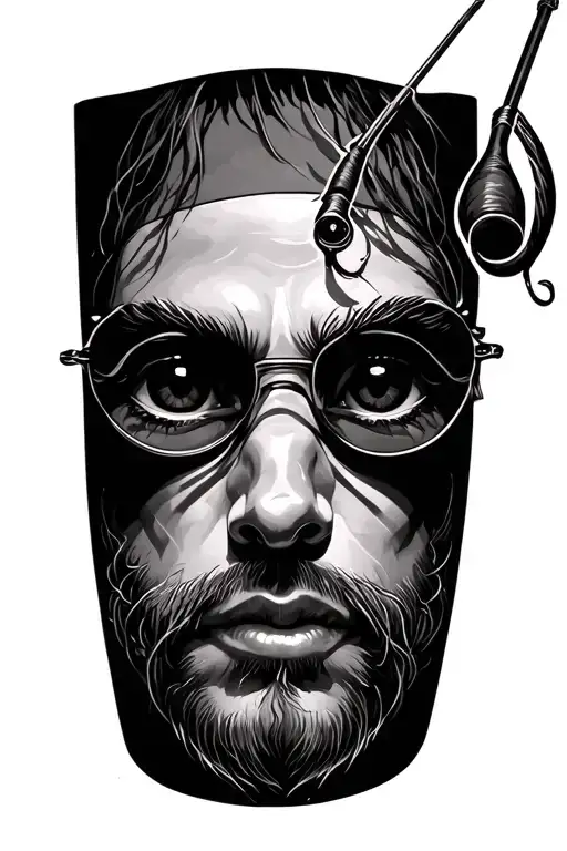 fishing pole face encircled tattoo design idea