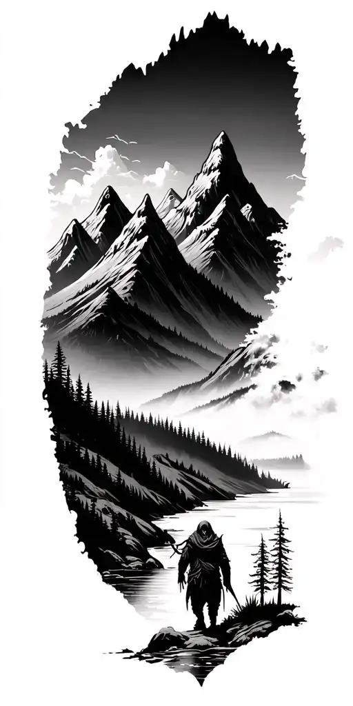 forest with river flowing and mountain range silhouette with a reaper walking through valley tattoo design idea