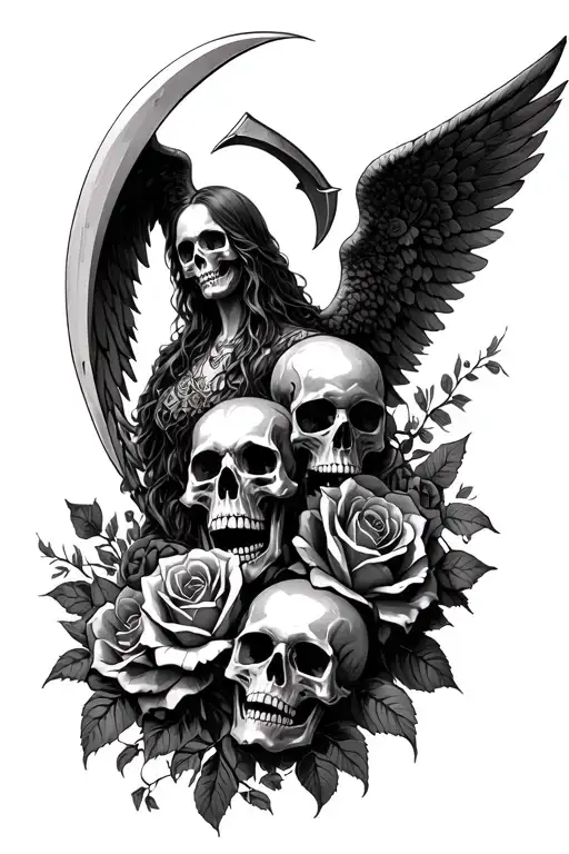angel of death with a scythe skulls and roses intertwined tattoo design idea