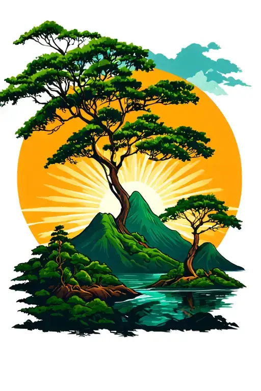 philippine trees, light sun set, green mountains tattoo design idea