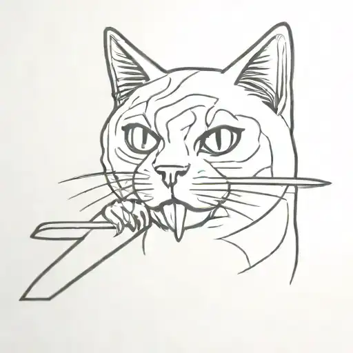 ghost cat holding a knife in its mouth tattoo design idea