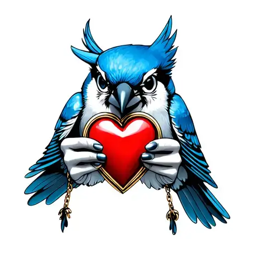 a blue jay holding a heart locket in its mouth tattoo design idea