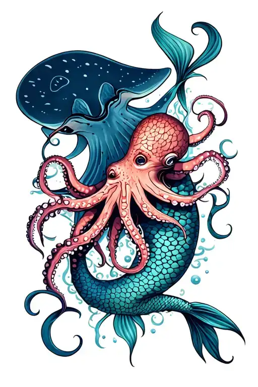mermaid, sting ray and octopus close to each other  tattoo design idea