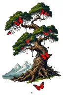 An old chain tree, with red sungaris butterflies, falls to the feet of the tree, background in the mountains tattoo design idea