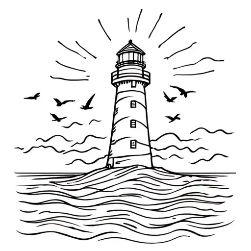 lighthouse, sun shining, sea and some birds flying away tattoo design idea