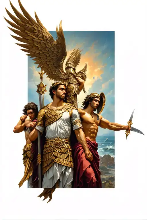 Greek gods Athena, Apollo, and a warrior named Eryx with color and intense-looking tattoo design idea