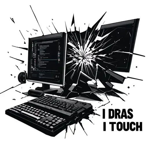 New age, black and white, broken computers with text that says `I break DBs I touch` tattoo design idea