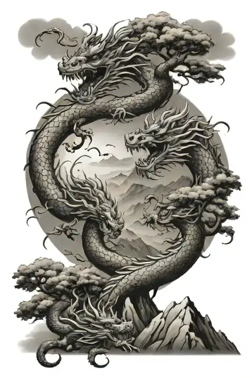 mountains trees Asian  dragons tattoo design idea
