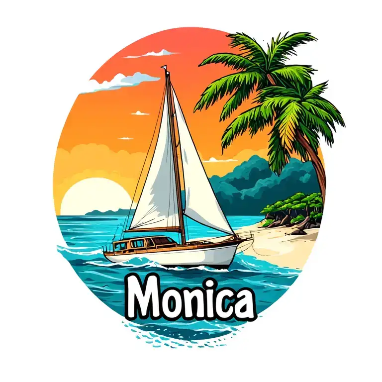 "Monica" "Monica" white sailboat sailing away towards sunrise sky, ocean, island with palm, beach, bubble letters at bottom tattoo design idea