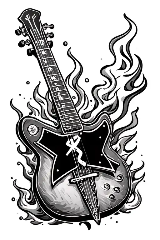 Guitar, emergency medical services star of life, flames, smoke, water, corvette emblem tattoo design idea