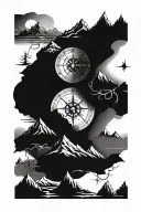 compass, clock and mountain range tattoo design idea
