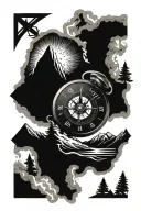 compass, clock and mountain range tattoo design idea