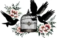 on a collarbone show swallows flying away from an open ornate birds cage keeping it feminine. tattoo design idea