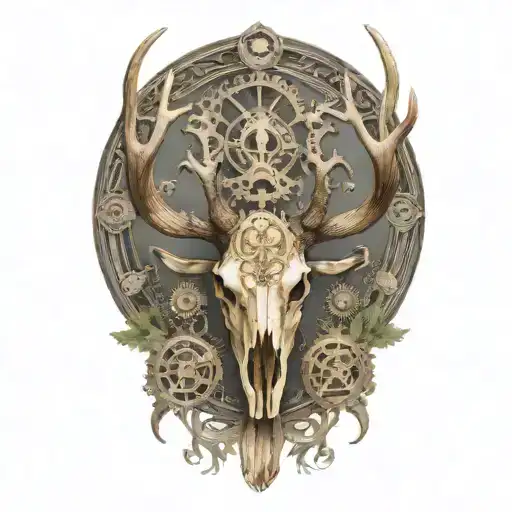 bull elk skull with antlers, tattered MS ribbon wrapped around antlers, mechanical gears, no background tattoo design idea