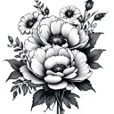 peonies poppy honeysuckle floral bouquet tattoo design idea