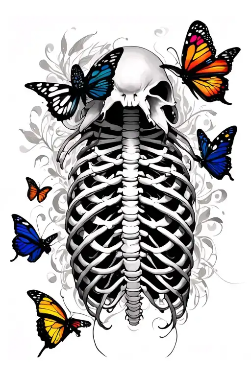 spine and ribs with colorful butterflies surrounding tattoo design idea