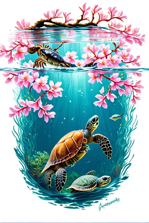 Japanese cherry blossoms falling on the water were under water is visible with coral and crabs and turtles swimming tattoo design idea