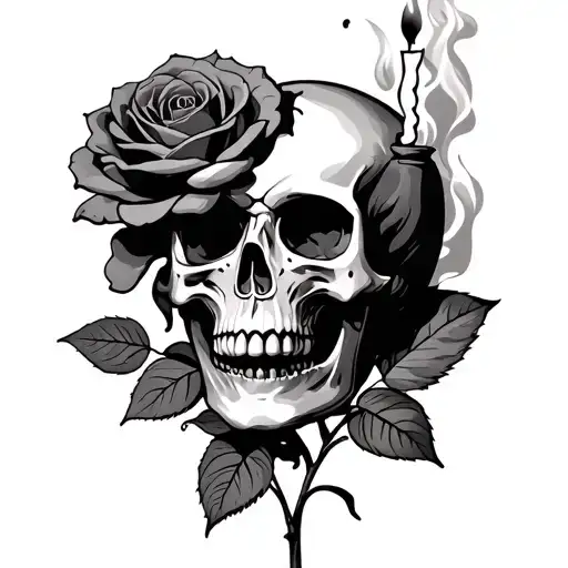 skull blooming out of rose growing holding candle burning smoke & shade tattoo design idea